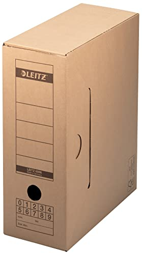 Leitz Premium Archiv-Schachtel mit Verschlusslasche, 120 mm Rückenbreite, Aktenkarton A4, Aufbewahrungsboxen für 15 Hängemappen, 100 % recycelbar, Faltbare Kartonverpackung, 10 Stück, Braun, 60860000