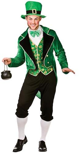 Wicked Costumes Adult Deluxe Leprechaun Fancy Dress Costume Irish St Patricks Day Outfit Green Suit Hat -Medium