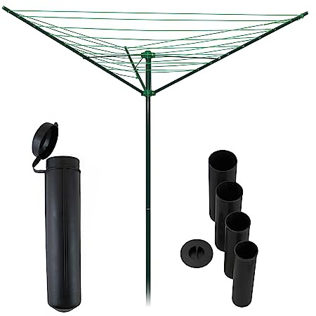 Strata 91 FT Umbrella Clothesline Outdoor - Clothes Line Outdoors Green Painted Steel Frame with Ground Socket - Clotheslines for Outside Laundry Drying, Washing Line for Hanging Clothes, Sheets etc