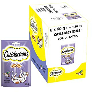 CATISFACTIONS Friandises pour Chat et Chaton au Délicieux Canard - Lot de 6 Sachets de 60g - Croquantes à l'Extérieur Tendres à l'Intérieur - Idéal pour Partager un Moment de Complicité