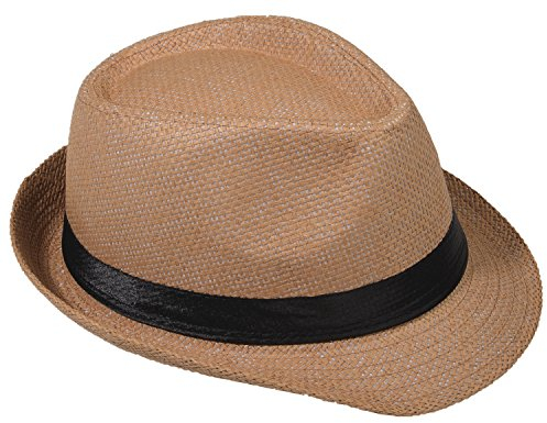 Strohhut Panama Fedora Trilby Gangster Hut Sonnenhut mit Stoffband Farbe:-Kamel (Strohhut) Gr:-54