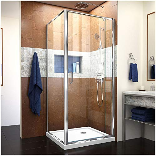 DreamLine Flex 32 in. D x 32 in. W x 74 3/4 in. H Semi-Frameless Pivot Shower Enclosure in Chrome with Corner Drain White Base, DL-6714-01CL