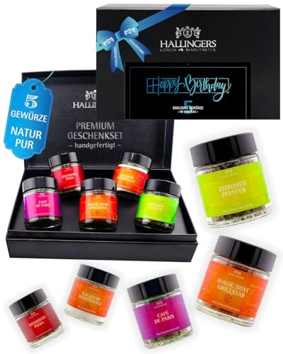 Hallingers Genuss Manufaktur Grillgewürze Geschenkset Geburtstag – 5 Premium Gewürze zum Grillen & BBQ in edler Geschenkbox, Gewürze Set Happy Birhday, Geburtstagsgeschenk für Männer & Grillfans