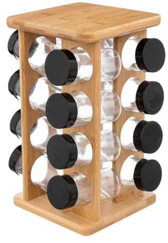 Présentoir à épices et herbes aromatiques en BAMBOU - 16 pots en verre + le support rotatif