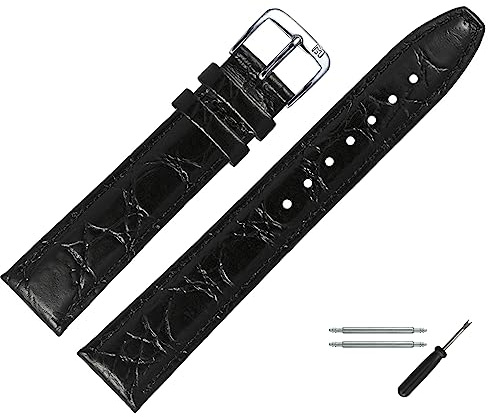 MARBURGER Uhrenarmband 20mm Leder Schwarz Silber Kroko (Caiman) Prägung Mit Naht - Montage Set 5292010000120