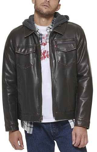 Levi's Men's Faux Leather Hooded Trucker Jacket with Sherpa Lining (Regular & Big & Tall Sizes) Hoody, Dark Brown, XXL