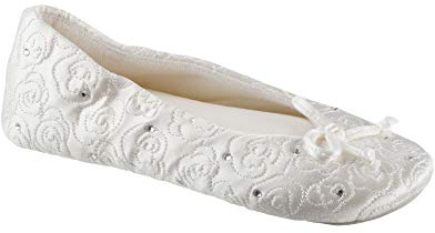 isotoner Women’s Rose Quilted Ballerina Slippers with Rhinestone Embellishment and Genuine Suede Sole , White, 8 9 US