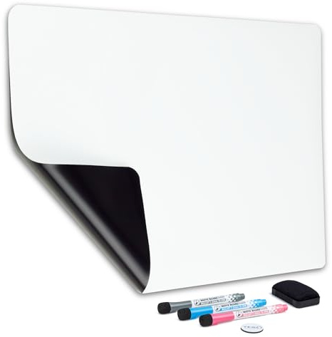 Magnetic Dry Erase Whiteboard Sheet for Fridge - 48x33cm - Stain-Resistant w/ 3 Fine Tip Markers & Big Eraser with Magnet - by Yes4Quality