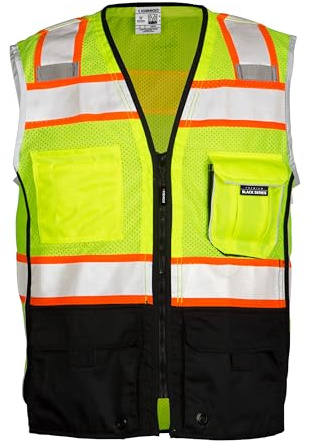 Kishigo Unisex High Visibility Reflective Premium Black Series Black Bottom Vest 1515, Zipper Closure, Polyester, ANSI 107 Type R/Class 2, Construction, Utility, Waste Management (Lime, 2X)