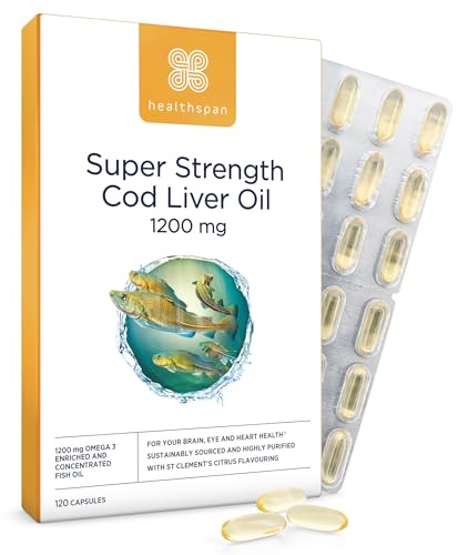 Healthspan Super Strength Cod Liver Oil 1,200mg (120 Capsules) | Supports Heart, Brain & Eye Health | Added Vitamin A, D3 and Calcium | Rich in Omega-3 Fatty Acids DHA & EPA | Sustainably Sourced