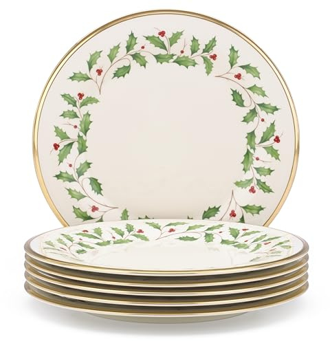 Lenox Holiday 6-Piece Dinner Plates Dinnerware Set, Service For 6, Porcelain, Dishwasher Safe, Round Plates Set, Holiday Red & Green, Perfect for Gatherings, Christmas Dinnerware (Ivory, 6 Piece)