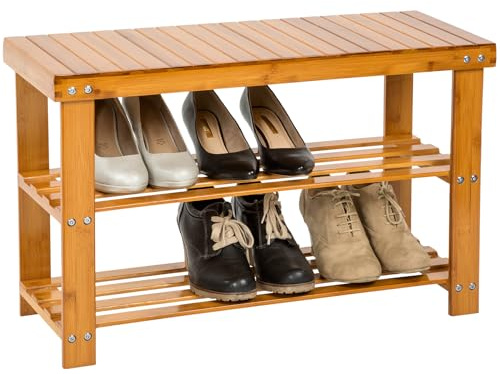 tectake® Scarpiera 70x28x45,5cm, Panca Scarpiera Salvaspazio, Porta Scarpe Salvaspazio 2 Ripiani, Scaffale Scarpe Uomo, Scarpe Donna, Mobile Organizer Ingresso, Soggiorno, Camera - Legno Bambù