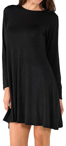 Candid Styles Womens Plain Long Sleeve Stretch A Line Skater Flared Swing Dress Top Plus Size T-Shirt 8-26 20-22 Black