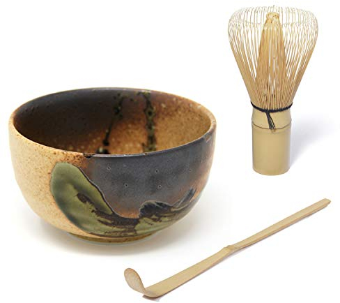 Quertee Japanisches Matcha Set - Original japanische Matcha Schale - 400 ml PLUS Matcha Besen Chasen - Matchabesen PLUS Matcha Bambuslöffel Chashaku