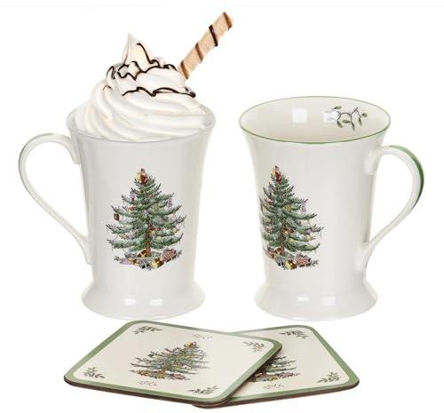 Spode Pimpernel 10 oz Mug & Coaster Set – 2 Porcelain Coffee Cups with Handles & 2 Square 5mm Cork-Backed Drink Mats, Durable Heat & Stain Resistant Table Accessories for Dining, Kitchen & Home