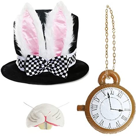 I LOVE FANCY DRESS LTD Cappello da Coniglio Deluxe con Orecchie Grandi e Fiocco attaccato + Orologio Gonfiabile + Naso di Coniglio, Perfetto per Accessorio per Costume da Giornata Mondiale del Libro