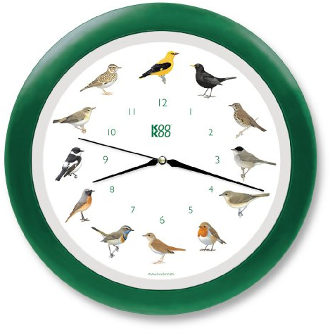 KOOKOO Singvögel Quarzwerk Grün, Die Singende Vogeluhr, runde Wanduhr mit natürlichen Vogelstimmen