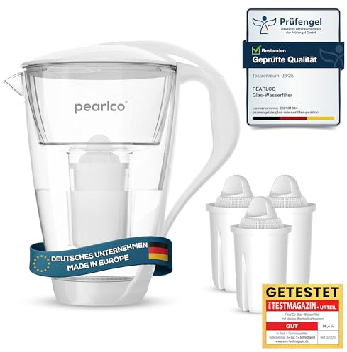 PearlCo Glas-Wasserfilter (weiß) Glaskanne mit 3 Classic Filterkartuschen – Reduzierung von Kalk & Schwermetall – Schützt Geräte – Besserer Geschmack von Kaffee & Tee – Made in EU