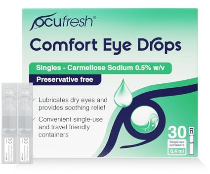 Ocufresh Comfort Eye Drops – 30 Single-Use Vials (0.4ml Each) – Mild & Gentle Dry Eye Relief for Screen Fatigue, Redness, Irritation – Preservative-Free, Sterile & Travel-Friendly Hydration