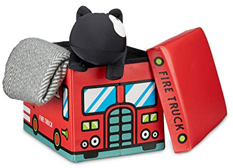Relaxdays 10020376 Coffre à jouets similicuir boîte à jouets couvercle tabouret pouf enfant pliable H x l x P: 32 x 48 x 32 cm capacité 37 L, pompiers