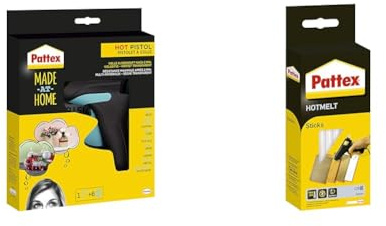 Pattex Made at Home Heißklebepistole, Set aus 1x Klebepistole und 6x Heißklebesticks mit 11mm Durchmesser & Hotmelt Sticks,Klebesticks für die Heißklebepistole mit extrem hoher Transparenz,1x25 Sticks