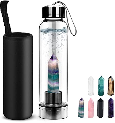 Tyuodna Wasser Heilsteine Flasche, Crystal Infusion Trinkflasche, Heilende Natürliche Wasserflasch, Auslaufsichere Quarz-Kristall Glas, Kristalltherapie, Edelsteinflasche (Bunter Fluorit+Flasche)