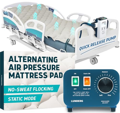 Lunderg Alternating Air Pressure Mattress Pad with Static Mode & Flocking Add-on - Comfortable Bed Sore Prevention - Includes Mattress Topper for Hospital Bed or Home & Quiet Pump - Doctor Recommended