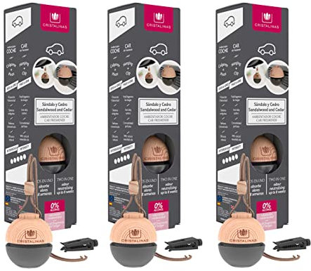 CRISTALINAS Ambientador de Coche – Absorbe los malos olores de tu vehículo con un agradable Aroma a Sándalo y Cedro (PACK 3)