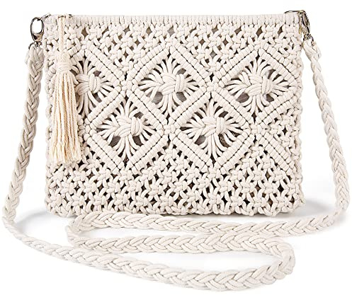 Jeesblsy Gewebte Umhängetasche für Damen, Sommer, Strand, Cossbody-Tasche mit Quaste, Baumwolle, gehäkelt, kleine Geldbörse, Geldbörse, Umschlag, Clutch, Handtasche für Urlaub, Party, Dating, beige