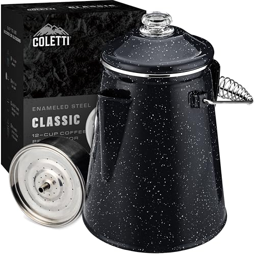 COLETTI Classic Coffee Percolator — Cowboy Coffee Pot, Stovetop Coffee Maker – For Campsite Brewmasters Everywhere [Black Enamel, 12 Cup]