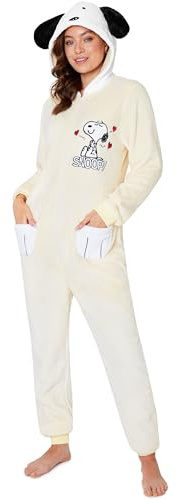 Peanuts Snoopy Pyjama Femme Combinaison Polaire Douce Hiver Chaud, Grenouillere Ado Pilou Pilou avec Capuche et Oreilles 3D (S, Beige)