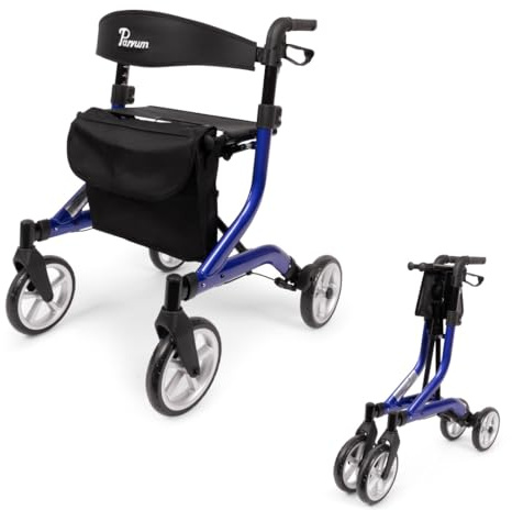 Parvum SuperLight Rollator – ultraleicht (5,1 kg), aus Aluminium, faltbar, (74 × 64 cm), mit Sitz und Rückenlehne, versteckten Bremskabeln – ideal für Alltag & Reise - Gehhilfe für Senioren - Blau