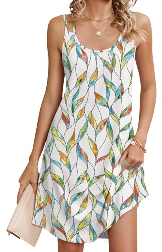 Chicrise Abito Donna Estivo Senza Maniche Collo Rotondo Vestiti Midi con Spalline Casual Leggero Vestito Mare Foglia Colorato Small 34-36