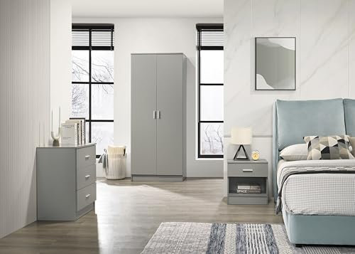 Timber Art Design UK Rio Costa 3 Piece Bedroom Furniture Set Includes 2 Door Wardrobe with Hanging Rail & Shelf, 3 Drawer Chest & 1 Single Drawer Bedside Table for Livingroom, Bedroom Light Grey