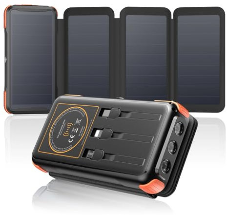 SOARAISE-Cargador-Solar-25000mAh-20W-Solar-Power-Bank con 3 Cables y 4 Paneles Solares, USB C Batería Externa Carga Rápida con Linterna LED para Camping