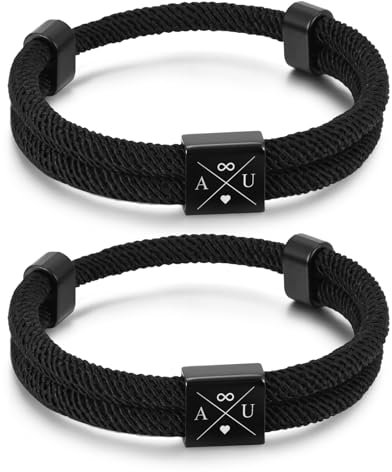 Partner Armbänder mit Gravur Personalisierte Geschenke – Jahrestag Geschenk für Sie Ihn Partnerarmbänder mit Namen Buchstabe Verstellbarer Personalisiert Armbänder für Paare Geburtstag (Schwarz#2)