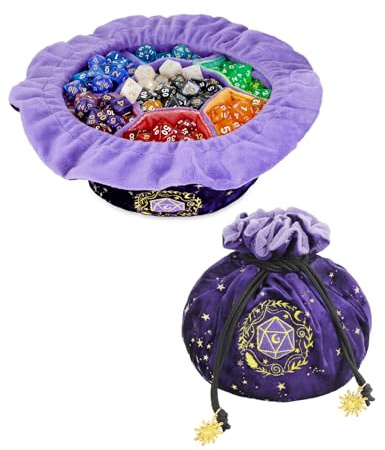 ANZOME Large Purple Velvet Dice Bag with 7 Rainbow Color-Coded Pockets - Self-Standing Dice Bowl, 200+ - for D&D, MTG, RPG, Pathfinder - Heavy Metal & Polyhedral Storage