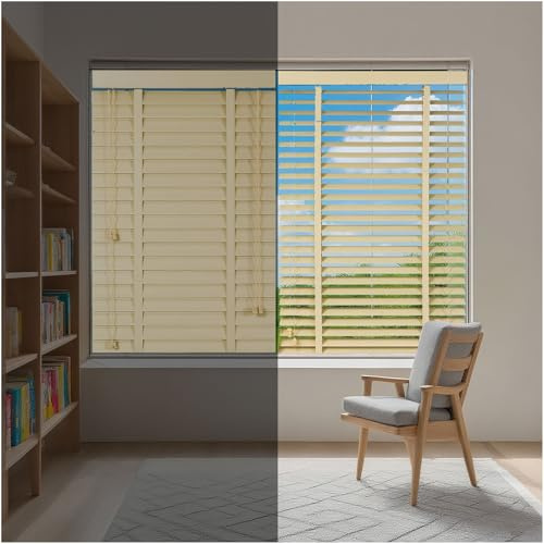 Persianas Venecianas de Madera para casa Oficina, Lamas de 50mm Persiana Horizontales Protección Solar, 35 55 75 95 115 135 155 175 195 215 cm Cortinas Opacas Montaje en Pared(Beige)