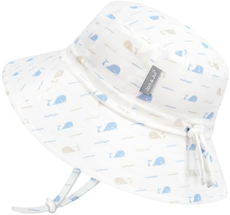 JAN & JUL Boys' Cotton Bucket Hat, Size Adjustable Sun-Hat with Chin Strap for Babies (S: 0-6 Months, Whale Tales)