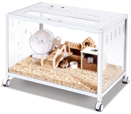 BREUAILY Gabbia per criceti, gabbia per piccoli animali, gabbia per criceti, 360 gradi, trasparente con doppia porta e ruote, porcellini d'India, roditori, criceti nani, sperma siriana, ratti (bianco)