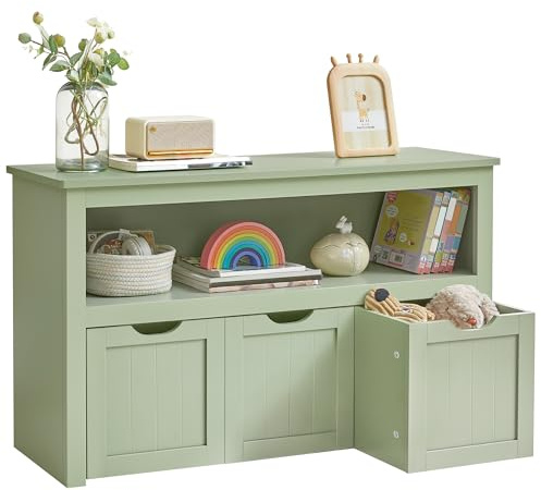 VASAGLE Toy Storage Unit With Wheels, 30 x 102 x 60 cm, Kids Bookcase, 3 Drawers, for Living Room, Children's Room, Playroom, Laurel Green LHS380CE01