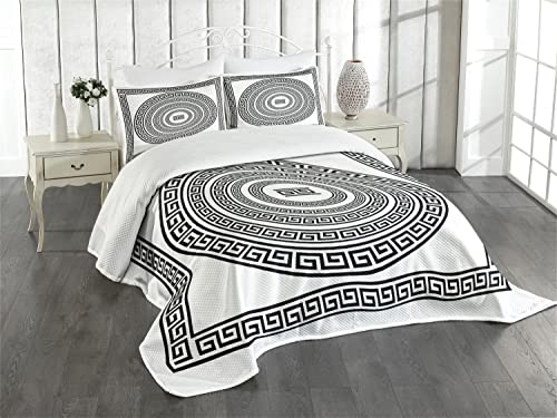 ABAKUHAUS Greek Key Tagesdecke Set, Antique Frame Set, Set mit Kissenbezügen Waschbar, für Doppelbetten 220 x 220 cm, Weiß Schwarz