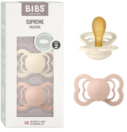 BIBS Supreme Soother 2-Pack, BPA Free Dummy Pacifier, Symmetrical Nipple. Natural Rubber Latex, Size 2 (6-18 Months), Ivory/Blush