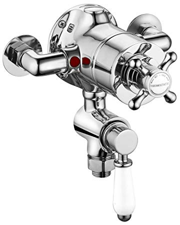 ENKI, Downton, T88, Single Shower Unit Outlet, Twin Thermostatic Shower Valve Outlet, White and Chrome Shower Tap Attachment for Bathroom Showers, Traditional Shower Valve Style