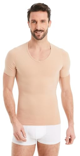 FINN Shapewear Kompressionströja för män – magen väg undertröja och kroppsformare män – kortärmad undertröja av bomull för plattare mage och bättre hållning, Hudfärg, L