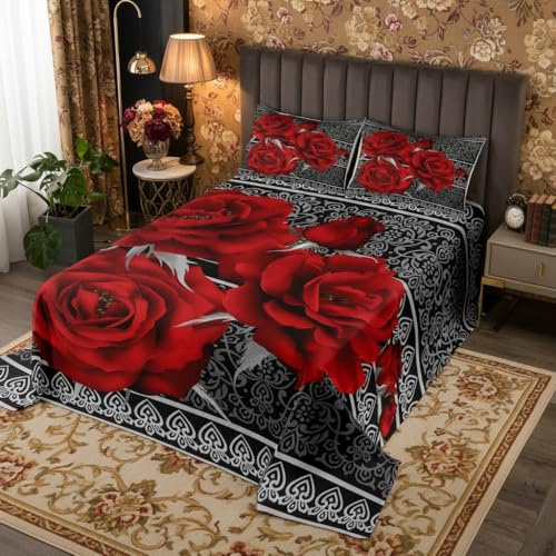 Red Rose Flowers 3 Pieces 240 x 260 cm Duvet Flower and Botany Theme Quilt Set for Children Adults Gift Grey Exotic Lace Decorative Quilted Bedspread with 2 Pillow Cases Soft