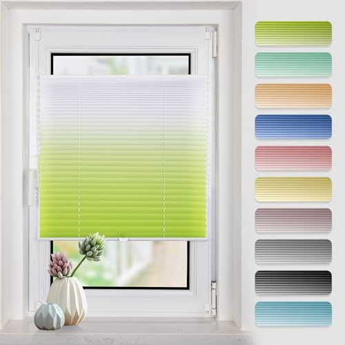 Plissee mit Farbverlauf 100x110cm(BxH) Grün-Weiß plissees klemmfix ohne Bohen Blickdicht Faltrollo Lichtdurchlässig Rollos für Fenster ohne Bohren