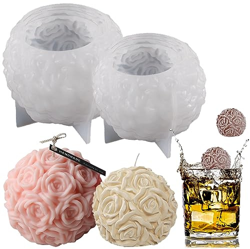 Molde de Vela de Bola de Rosa， Rose Molde de Silicona Multifuncional， Forma de Vela de Silicona， 6 cm, 8 cm Para El Día de San Valentín, Bodas（2 Piezas）