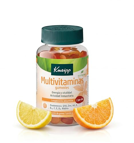 Kneipp Multivitaminas Gummies, con Vitamina A, B12, C, E, D3, Biotina, Zinc, Coenzima Q10 y Eleuterococo, Metabolismo Energético, Cansancio, Fatiga, Defensas Sistema Inmune, 60 Gominolas