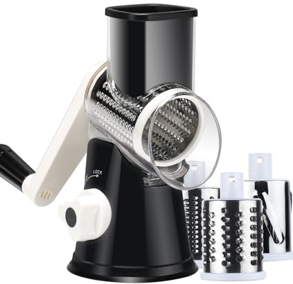 Ancevsk Rotary Cheese Grater with Handle, Manual Speed Round Cheese Shredder with Strong Suction Base, Easy to Use Potato Hashbrown Shredder with 3 Replaceable Stainless Steel Drum Blades (Black)